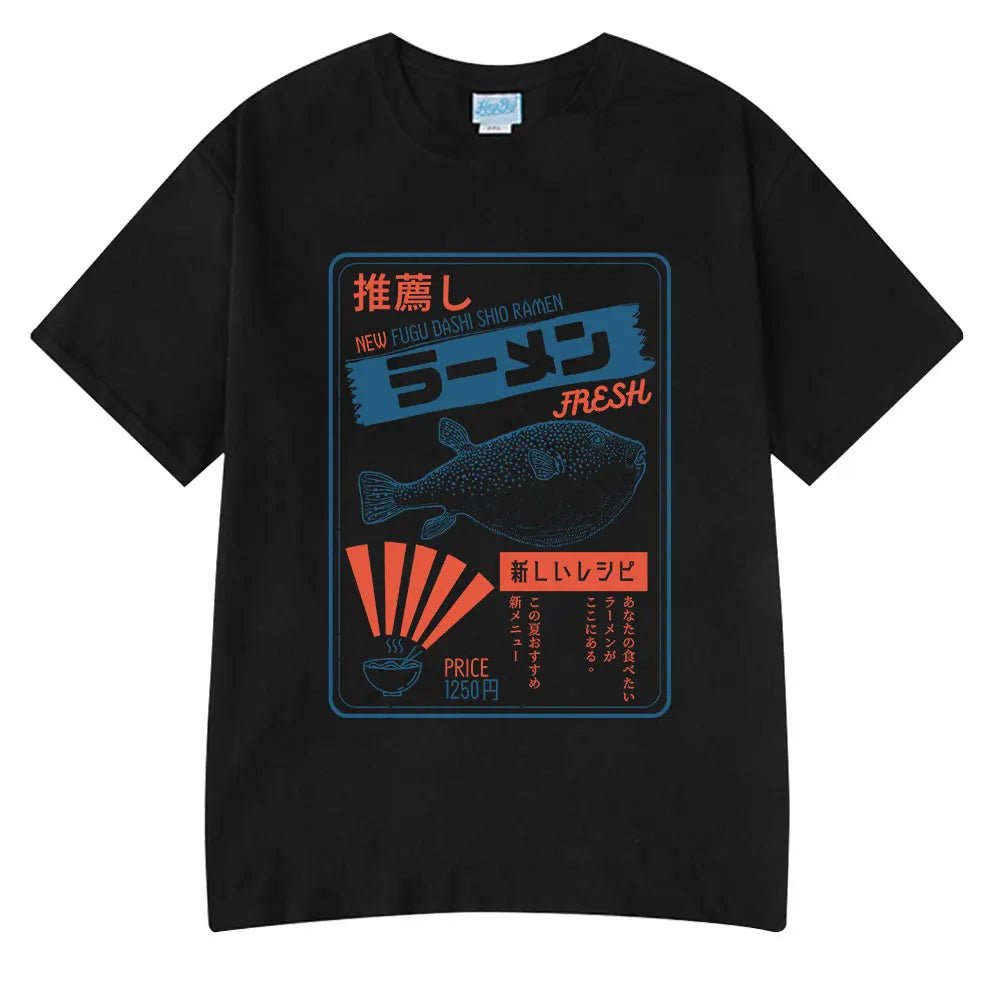 Vintage Fugu Puffer Fish Ramen T-Shirts Men Women Clothing Summer 100% Cotton Tee Shirt Fashion Crewneck Short Sleeve T Shirt