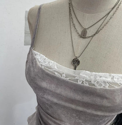 Summer Y2K Camisole for Women Casual Spaghetti Straps Double Layers Lace Stretch Mesh Patchwork Asymmetrical Slim Tops