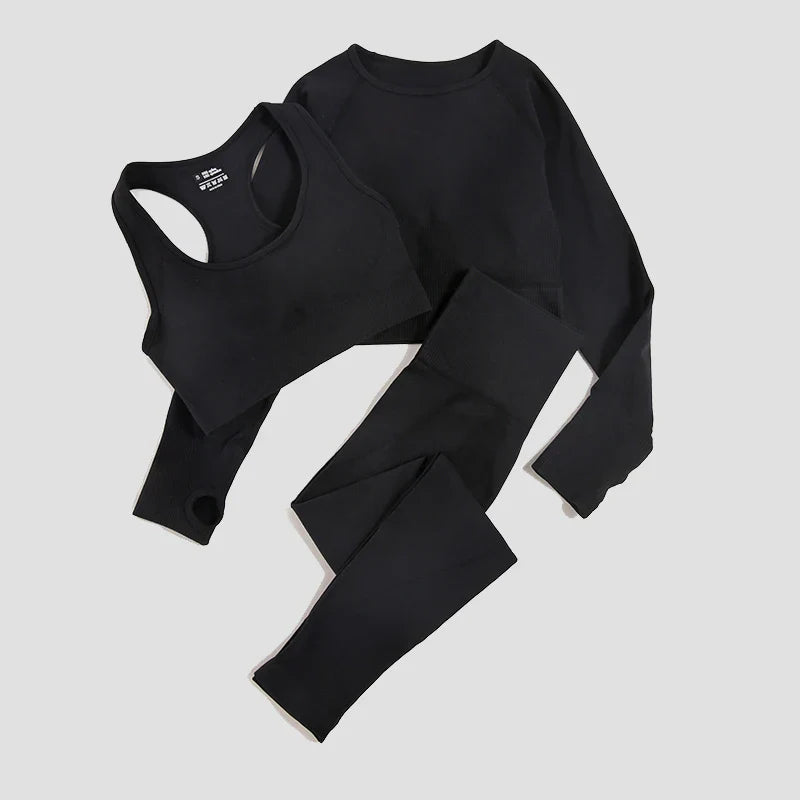 2/3Pcs Women Seamless Fitness Yoga Suit Workout Long Sleeve Crop Top Shirt Sports Bra High Waist Running Leggings Gym Clothing