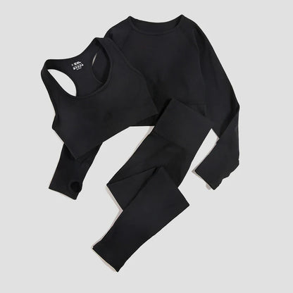 2/3Pcs Women Seamless Fitness Yoga Suit Workout Long Sleeve Crop Top Shirt Sports Bra High Waist Running Leggings Gym Clothing