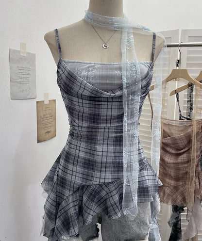 Y2K Plaid Camisole for Women Summer Casual Lace Scarf Breathable Stretch Mesh Patchwork Asymmetrical Ruffle Slim Tops