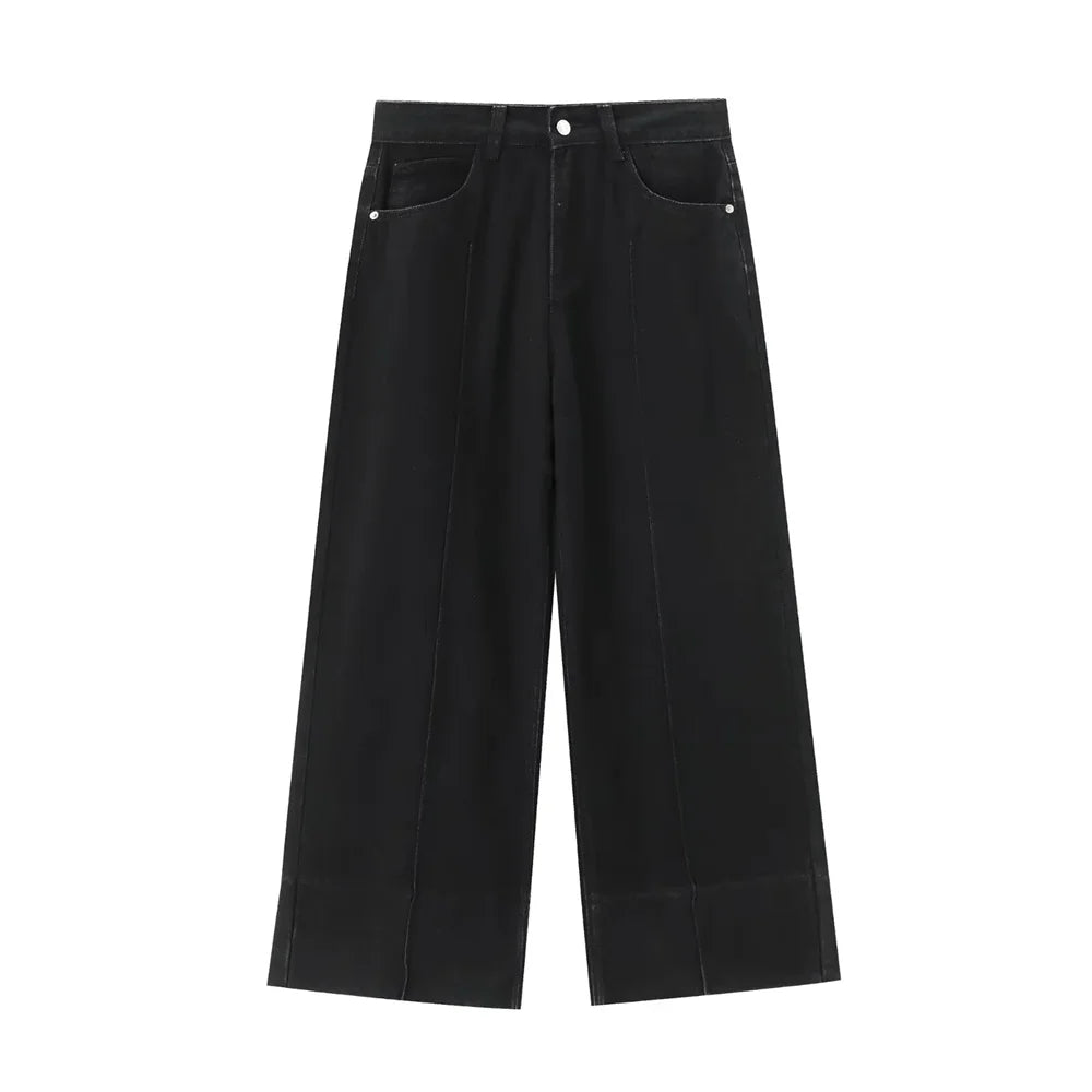 Calça Jeans Feminina de Cintura Alta com Perna Larga, Lisa, Versátil e Solta, Nova Coleção de Verão