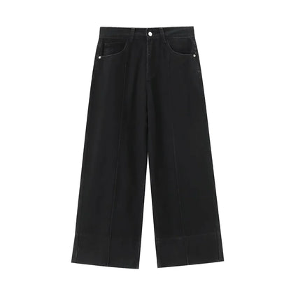 Calça Jeans Feminina de Cintura Alta com Perna Larga, Lisa, Versátil e Solta, Nova Coleção de Verão