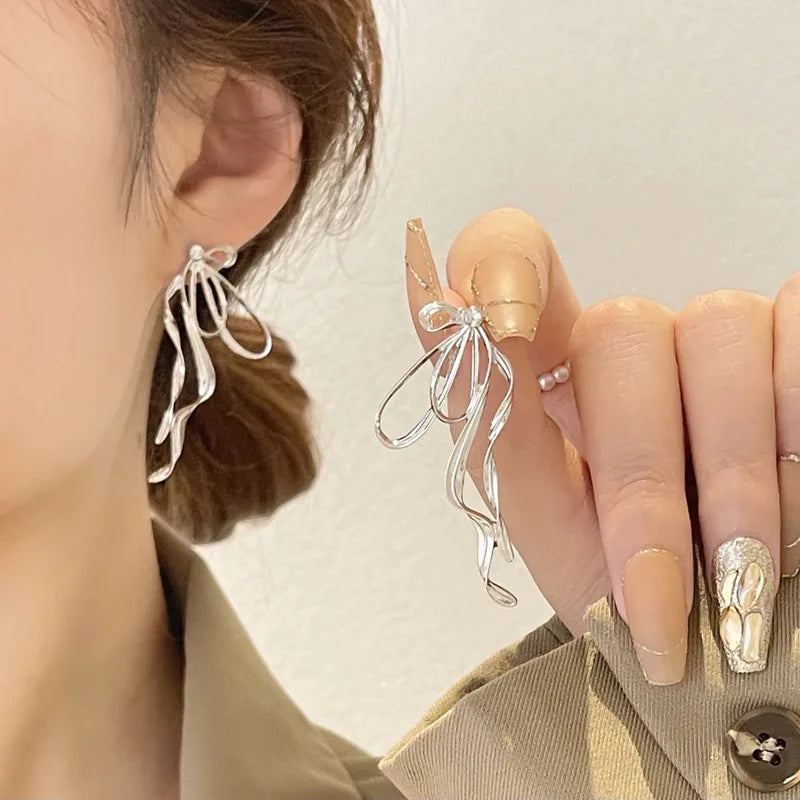 Temperament Stainless Steel Ribbon Long Tassel Bowknot Drop Dangle Earrings for Women Charm Party Jewelry Korean Fashion Gift