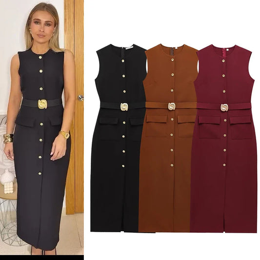 Women's Dress Black Long Dresses Spring Summer 2025 Button Up Sleeveless Sundress Vestidos Elegant Casual Women's Dresses