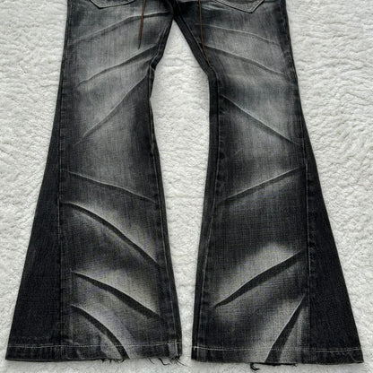 Y2K Distressed Flare Jeans Gothic Men Double Waist Lace Up Denim Pants Retro Washed Scratches Streetwear Unisex Bootcut Jeans