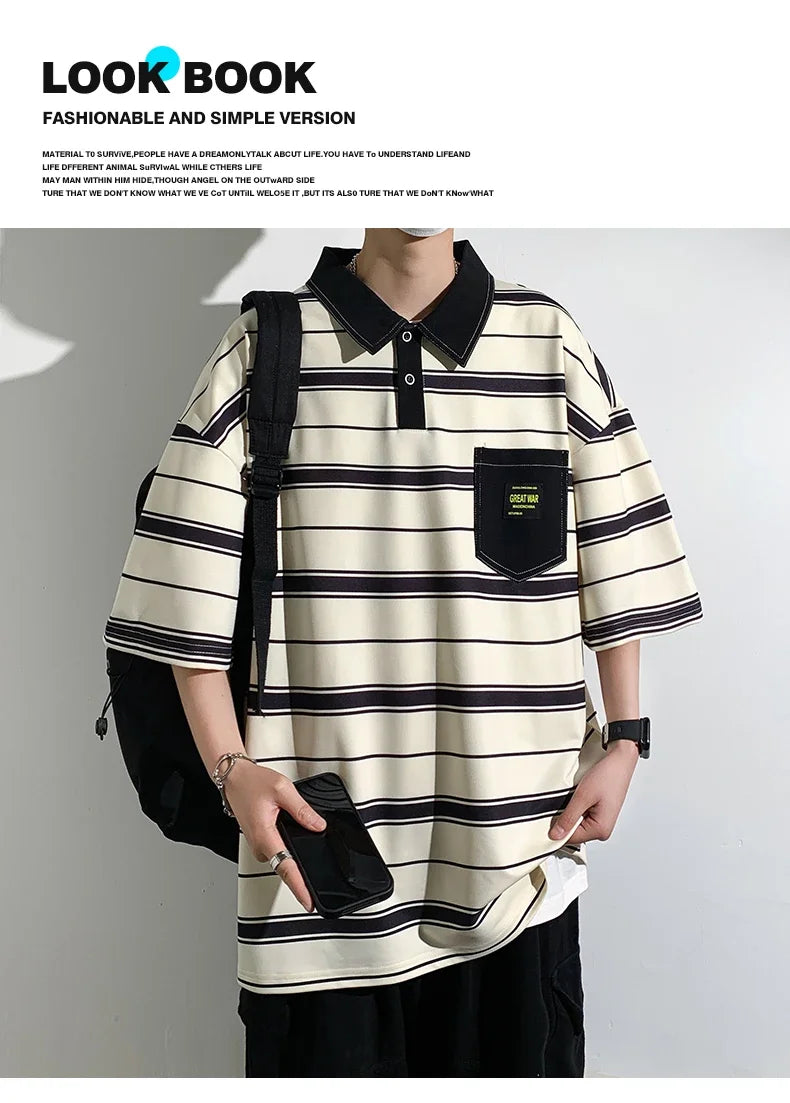 2024 New Summer Men POLO Shirt Trend Loose Clothing Students Short-sleeved T Shirt Tops Round Neck Five-quarter Sleeve Harajuku