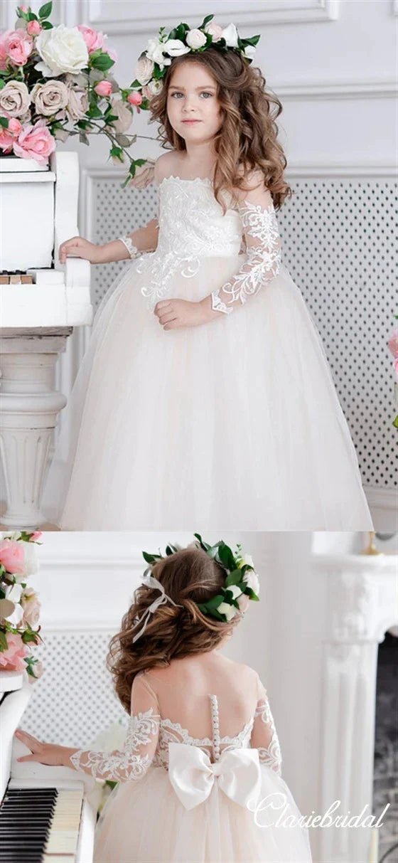 Communion Girl Dress Lace Appqulies Bodice Floor-length Skirt Puffy Dress with Long Train Formal Party Toddler Clothe