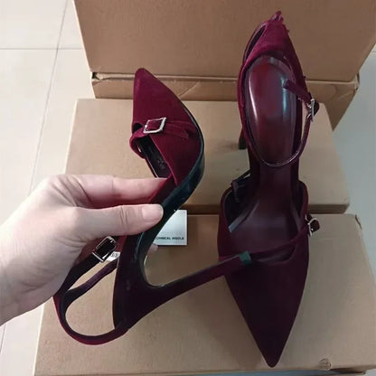 Elegant Burgundy Suede Ankle Strap High Heels Women Sexy Pointed Toe Buckle Strap Women Pumps Designer Party Shoes Heels Wedding