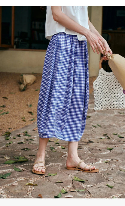 Women's Summer 2026 Midi Elastic Waistband Skirt Elegant Office Ladies Blue Plaid BUD Skirt Female Clothes O57XB99598
