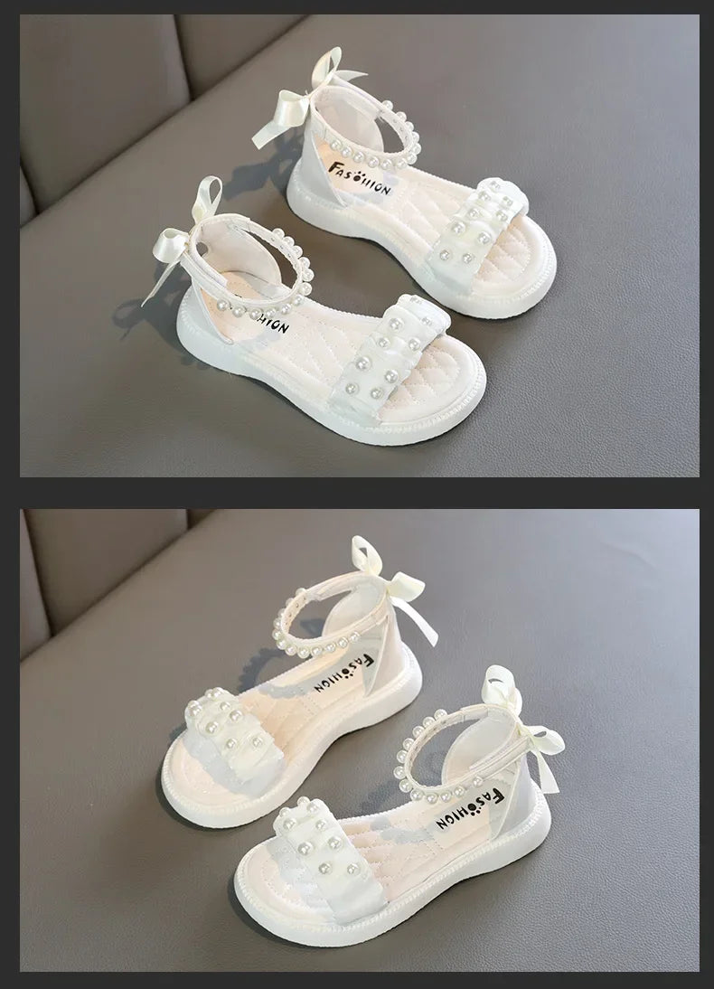 Children's Sandals Summer Bowtie Princess Shoes for Girls Fashion Sweet Kids Causal Pearl Roman Sandals Solid Color Hook Loop