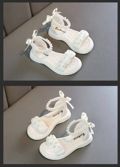 Children's Sandals Summer Bowtie Princess Shoes for Girls Fashion Sweet Kids Causal Pearl Roman Sandals Solid Color Hook Loop
