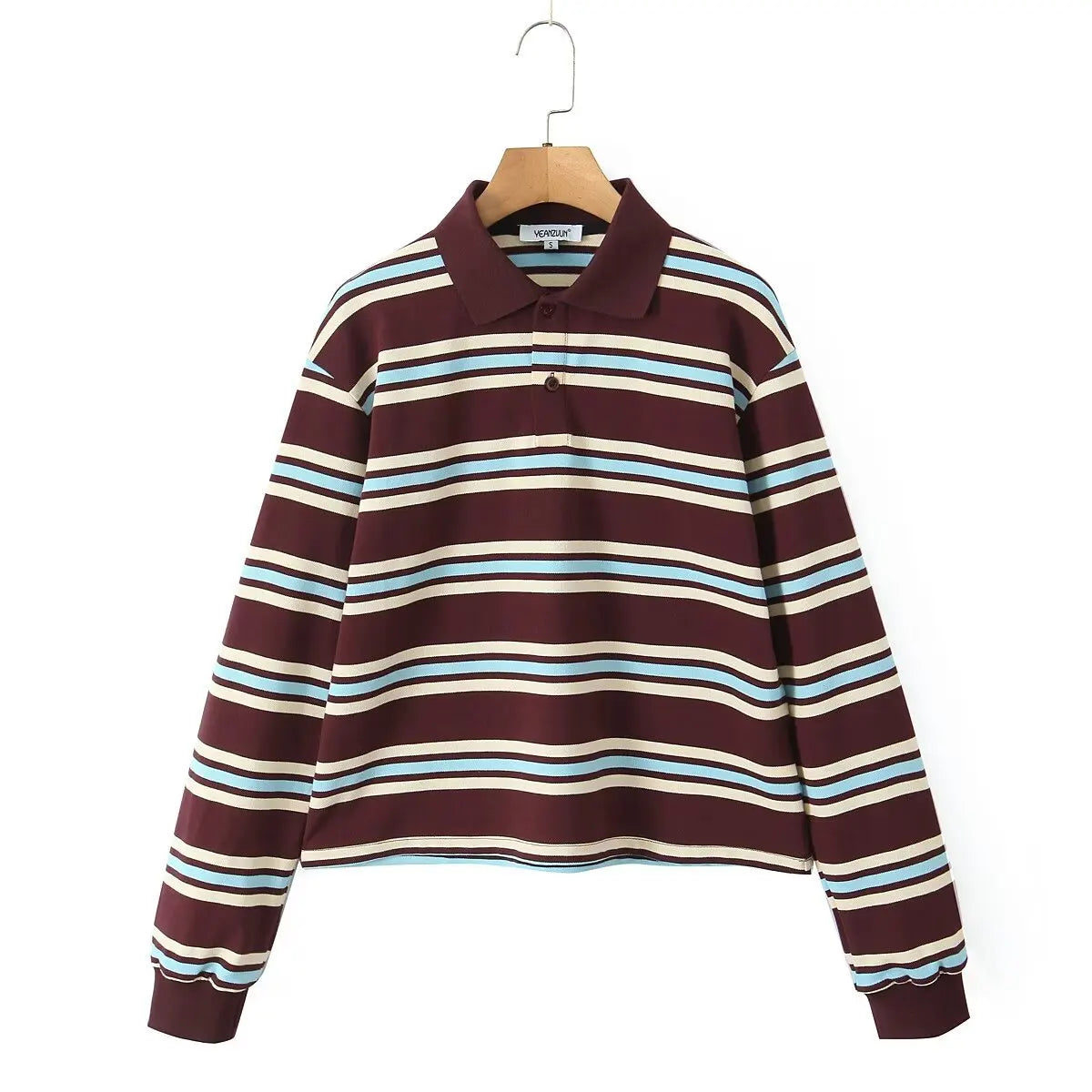 2025 Summer Ladies Polo Shirts Woman Long Sleeve Crop Top Striped Vintage Clothes Polo Shirts Mujer Streetwear Casual Tops Brown