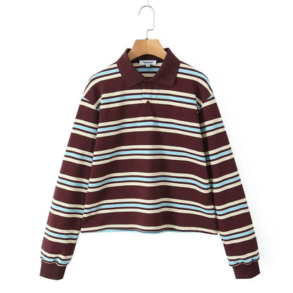 2025 Summer Ladies Polo Shirts Woman Long Sleeve Crop Top Striped Vintage Clothes Polo Shirts Mujer Streetwear Casual Tops Brown