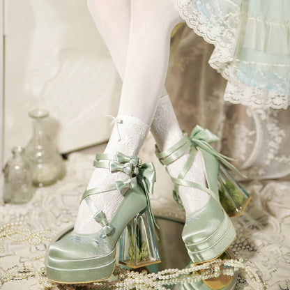 Original Lolita Red High Heels Women's Sweet Elegant Bow Velvet Mary Jane Shoes Ladies Birthday Party Cos Platform Shoes Spring