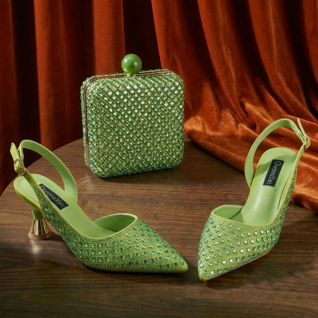 Italian Design Rhinestone Luxury Green Colour Pointed Toe Shoe & Bag Set Women's High Heels for Parties High Quality