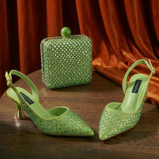 Italian Design Rhinestone Luxury Green Colour Pointed Toe Shoe & Bag Set Women's High Heels for Parties High Quality