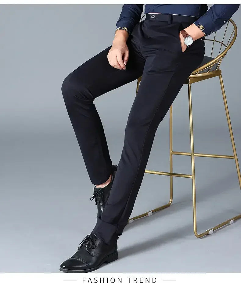 Spring and Autumn Men's Suit Pants Elastic Stretch Dress Pants Slim Male Casual Trousers Straight Leg Formal Black Blue