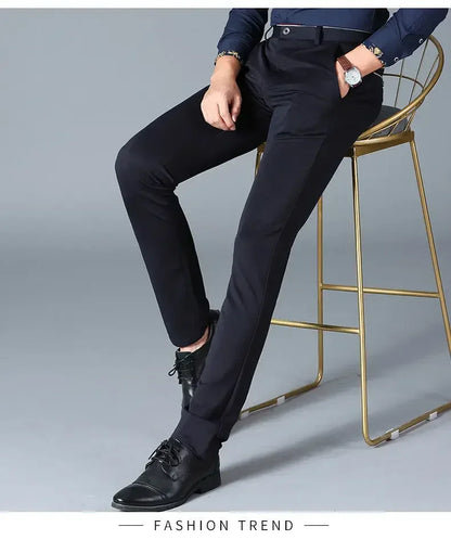 Spring and Autumn Men's Suit Pants Elastic Stretch Dress Pants Slim Male Casual Trousers Straight Leg Formal Black Blue