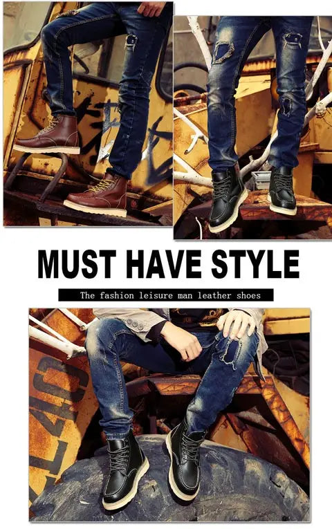 High-top men's leather shoes Fashion motorcycle ankle boots Autumn and winter lace-up casual work men's shoes leather flats