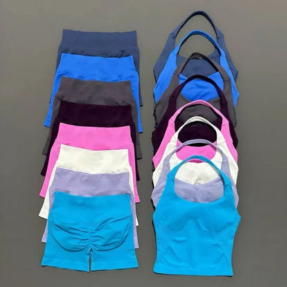 Women Seamless Gym Set 2Pcs Halter Neck Sports Crop Top High Waist Scrunch Butt Shorts Workout Fitness Yoga Tracksuit Sportswear