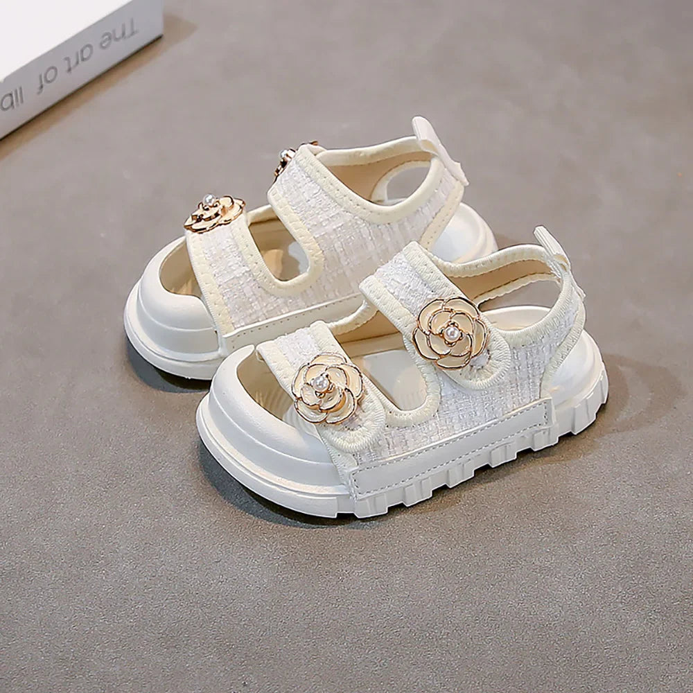 Korean Style Summer Sandals For Girls Luxury Pearl Flower Children's Beach Shoes Ergonomics Soft-soled Kid's Girl's Sandals
