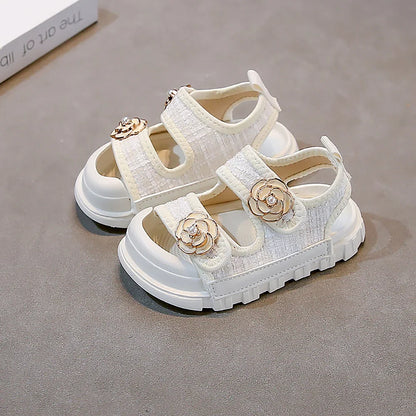 Korean Style Summer Sandals For Girls Luxury Pearl Flower Children's Beach Shoes Ergonomics Soft-soled Kid's Girl's Sandals