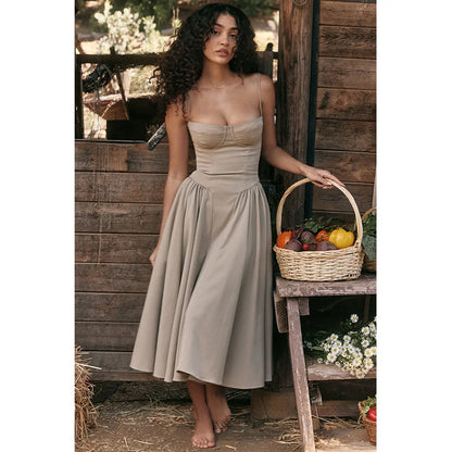 Women Elegant Sleeveless Backless Pleated Dresses Lady Sexy Solid Sling Midi Dress 2024 Female Party Evening A-line Robes
