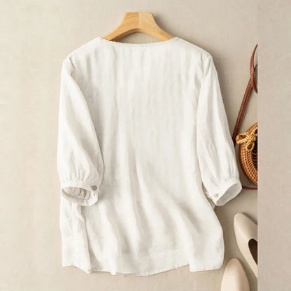 Elegant Women Embroidered Blouses Autumn 2024 3/4 Puff Sleeve Transparent Blusas Mujer Casual Vintage Cotton Shirts Tops