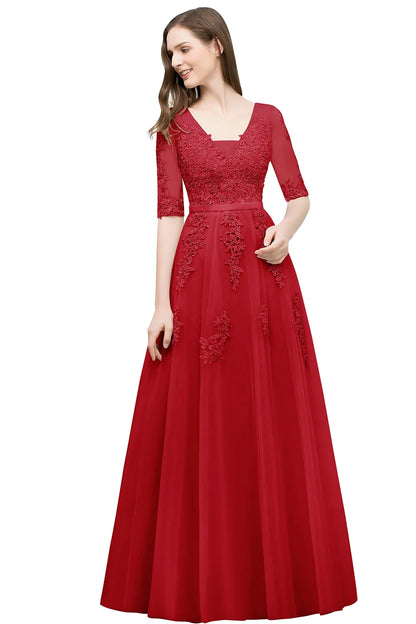 Elegant Half Sleeve Evening Dresses Lace Appliques A-Line Long Tulle Strap V-Neck Sheer Backless Prom Dress Empire Party Gowns