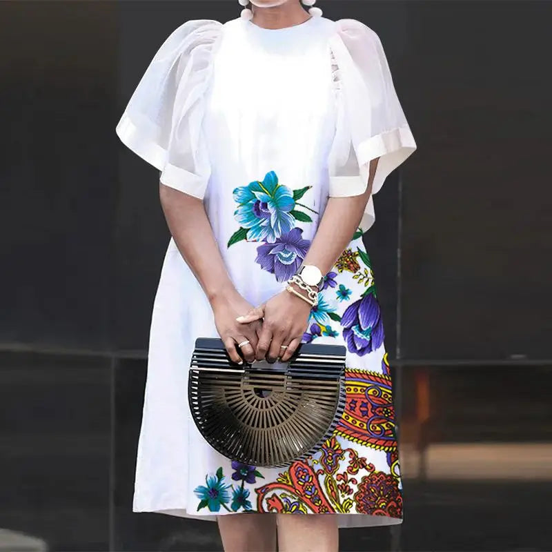 Women Vintage Vestidos Solid Mesh Patchwork Sundress Casual Summer Mini Dress Party Ruffle Short Sleeve Loose Dresses