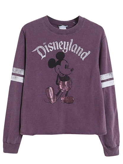 Retro Distressed Sweatshirt Women Mickey Mouse Casual Pullover Tops O Neck Long Sleeve Jumper Streetwear
