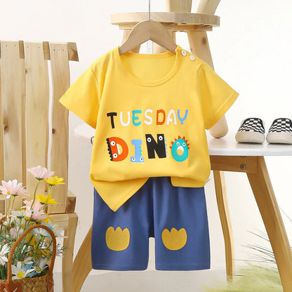 1 Sets Pure Cotton Kids Cartoon Clothing Summer Baby Fashion Short Sleeve Suits Boys Girls T-Shirts+Shorts Children Outfits