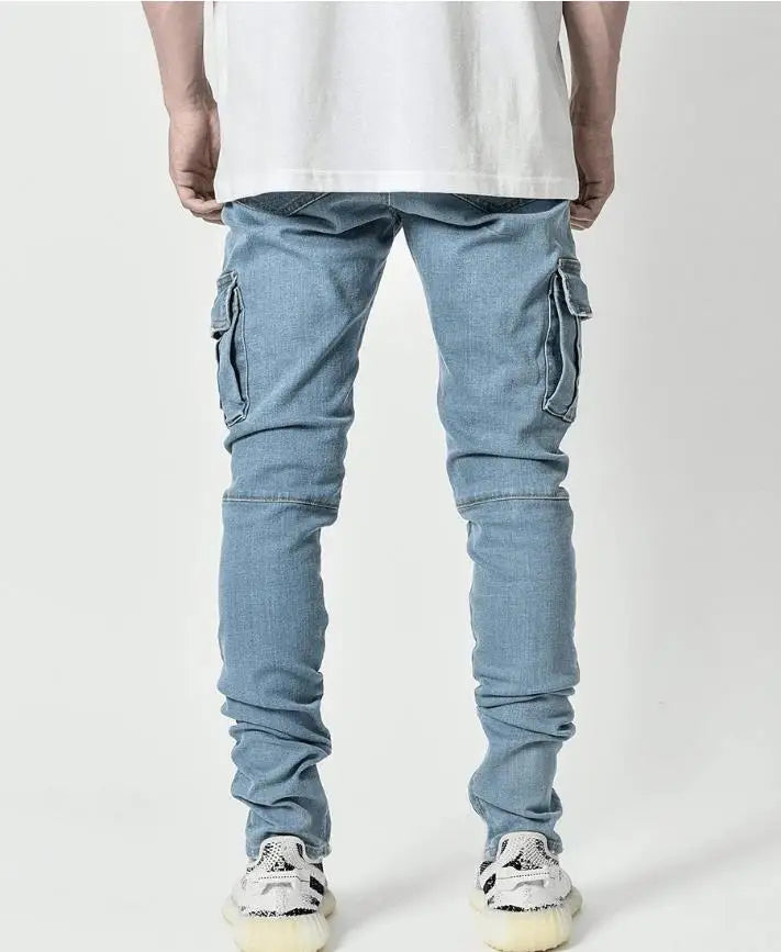 Jeans Men Black Cargo Pants Multi Pockets Denim Pantalones Blue Slim Fit Overol Hombre Fashion Casual Streetwear Trousers 3XL