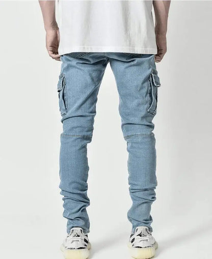 Jeans Men Black Cargo Pants Multi Pockets Denim Pantalones Blue Slim Fit Overol Hombre Fashion Casual Streetwear Trousers 3XL