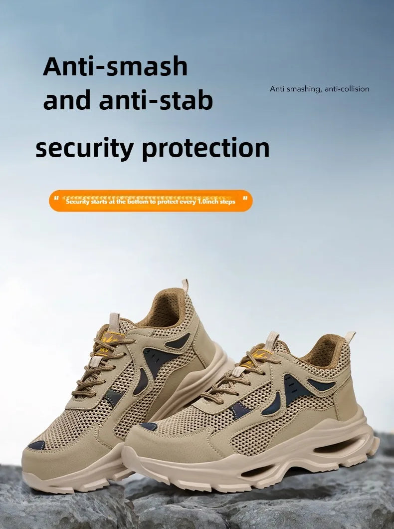 Summer Safety Shoes Anti-puncture Khaki Lightweight Breathable Men's Safety boots Durable Impact Resistant Work Sneaker
