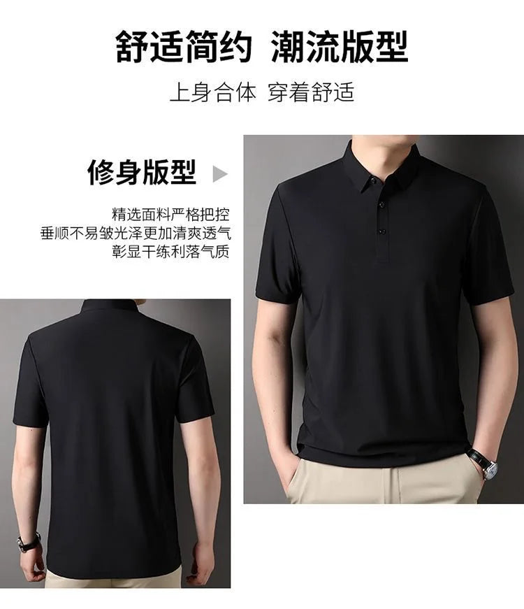 High quality wrinkle resistant ice silk short sleeve t-shirt men's summer Lapel loose casual solid color top high-end polo men