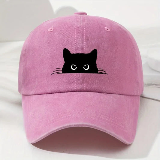 Cute cat print vintage washed baseball cap for men and women, versatile casual curved brim hat