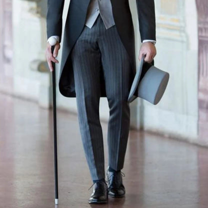 Men Suit 3 Pieces Black With Lapel Business Casual Fit Wedding Banquet Work Tuxedos Jacket Silver Vest With Grey Striped Pants