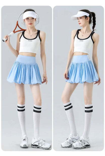 Women Summer Tennis Skirt High Waist Flared Flounce Skirt 2 in 1 with Shorts Anti-Exposure Athletic Pleated Golf Skirt Workout