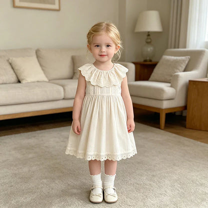 2026 Girls Summer New 2-6Yrs Pure Cotton Sleeveless Lace Collar Baby Girl Dress Children Princess Birthday Sweet Dress