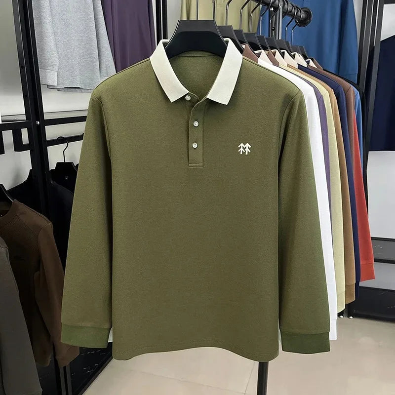 Fashion luxury brand long sleeve polo shirt men's autumn new trend badge embossed design Korean casual silk cotton lapel T-shirt