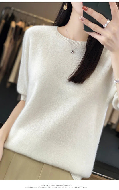 100% pure wool T-shirt spring and summer new women's O-neck pullover short sleeve loose five-sleeve sweater high-end top