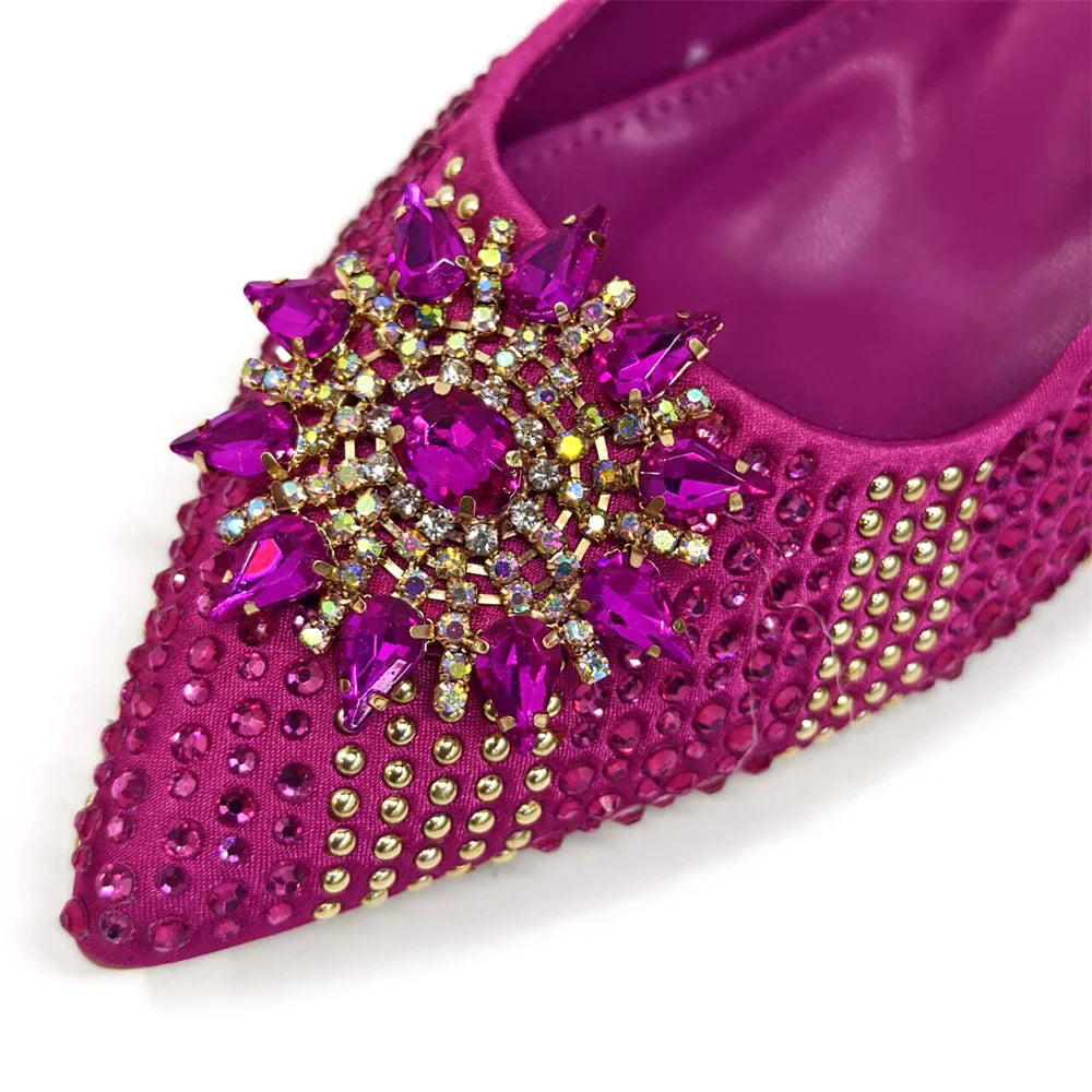 Summer New Design Specials Italian Women Shoes and Bag Set Fuchsia Color Comfortable High Heels With Rhinestone