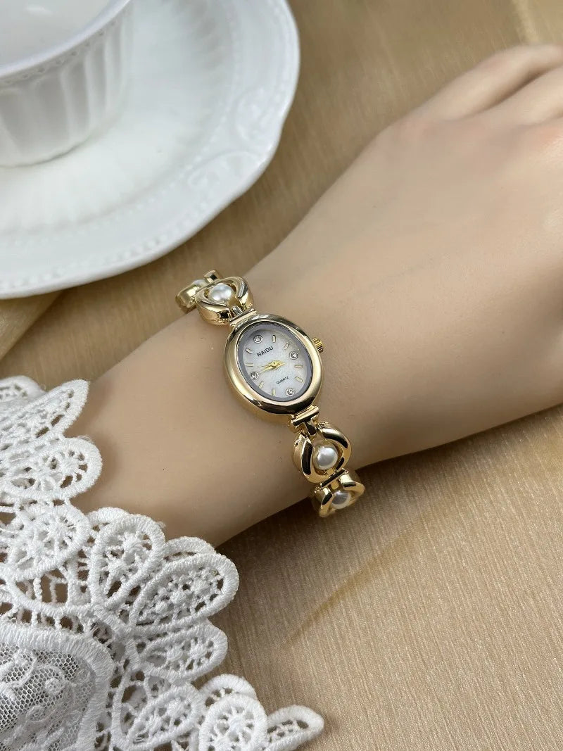Luxury Pearl Inlaid Bracelet Watch Fashion Women Quartz Watch Brand Oval Dial Dress Wristwatches Dropshipping Relojes Para Mujer