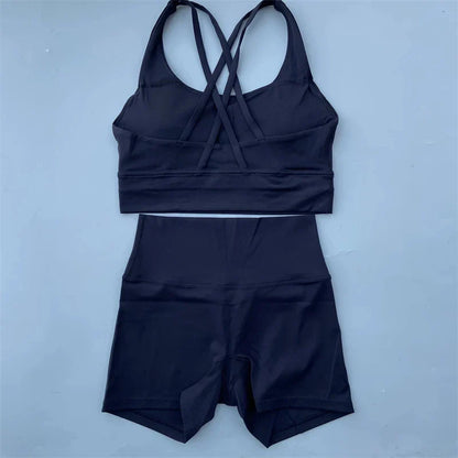 Solid Color gym bike Yoga Set short Legging +cross sport bra Tracksuit  Athletic Women Gym Suit Comprehensive Training Jogging