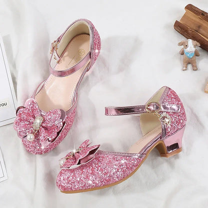 Children's Sandals for Party Wedding Elegant Bowknot Kids Girls Versatile Sequins High-heels Fashion Pearl Princess Single Shoes