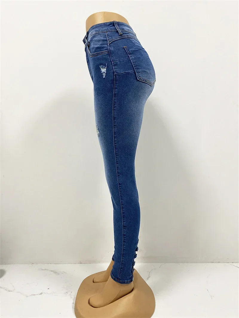 Calça Jeans Feminina Casual Skinny Lápis Cintura Alta Fina