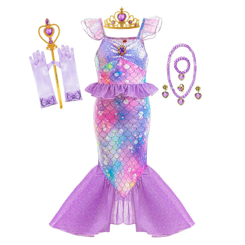 New Ariel Princess Little Mermaid Dress Girl Charm Cosplay Costume Kids Birthday Party Halloween Disguise Clothes