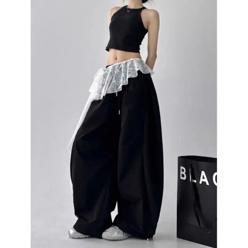Embroidered Flower Lace Mini Skirt Irregular See Through Ruched Skirts Y2K Streetwear Lace-up Design Butt Curtain